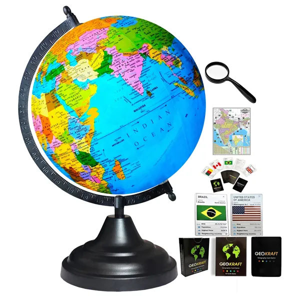 SEE_WORLD_-_Black_Globe,_52_Countries_Trump_Cards,_50_mm_Magnifying_Glass_and_India_Map_Chart_|_12_Inch_Height,_8_Inch_Diameter_(Medium_Size)|_Metallic_Decorative,_Multicolor_Map,_Blue_Ocean,_Showpiece_For_Kids_School_College_Home_Offices
