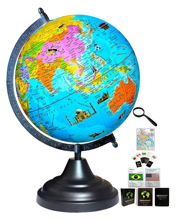 SEE_WORLD_-_Black_Globe,_52_Countries_Trump_Cards,_50_mm_Magnifying_Glass_and_India_Map_Chart_|_12_Inch_Height,_8_Inch_Diameter_(Medium_Size)|_Metallic_Decorative,_Multicolor_Monuments_Map,_Blue_Ocean,_Showpiece_For_Kids_School_College_Home_Offices