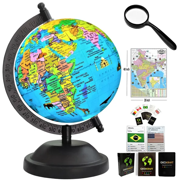 SEE_WORLD_-_Black_Globe,_52_Countries_Trump_Cards,_50_mm_Magnifying_Glass_and_India_Map_Chart_|_8_Inch_Height,_5_Inch_Diameter_(Small_Size)|_Metallic_Decorative,_Multicolor_Monuments_Map,_Blue_Ocean,_Showpiece_For_Kids_School_College_Home_Offices