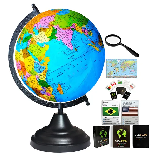 SEE_WORLD_-_Black_Globe,_52_Countries_Trump_Cards,_50_mm_Magnifying_Glass_and_World_Map_Chart_|_12_Inch_Height,_8_Inch_Diameter_(Medium_Size)|_Metallic_Decorative,_Multicolor_Map,_Blue_Ocean,_Showpiece_For_Kids_School_College_Home_Offices