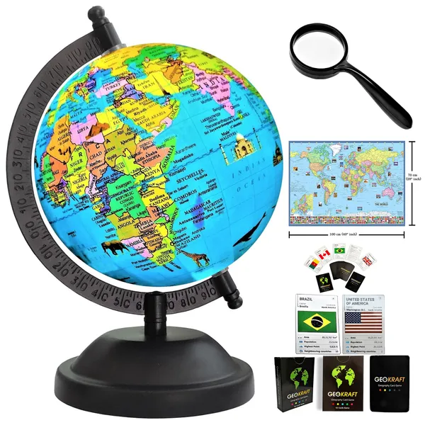 SEE_WORLD_-_Black_Globe,_52_Countries_Trump_Cards,_50_mm_Magnifying_Glass_and_World_Map_Chart_|_8_Inch_Height,_5_Inch_Diameter_(Small_Size)|_Metallic_Decorative,_Multicolor_Monuments_Map,_Blue_Ocean,_Showpiece_For_Kids_School_College_Home_Offices
