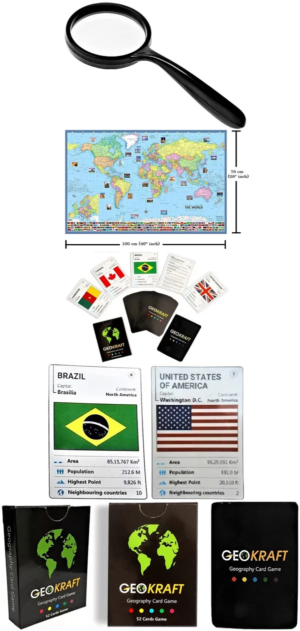 SEE_WORLD_-_Black_Globe,_52_Countries_Trump_Cards,_50_mm_Magnifying_Glass_and_World_Map_Chart_|_8_Inch_Height,_5_Inch_Diameter_(Small_Size)|_Metallic_Decorative,_Multicolor_Monuments_Map,_Blue_Ocean,_Showpiece_For_Kids_School_College_Home_Offices