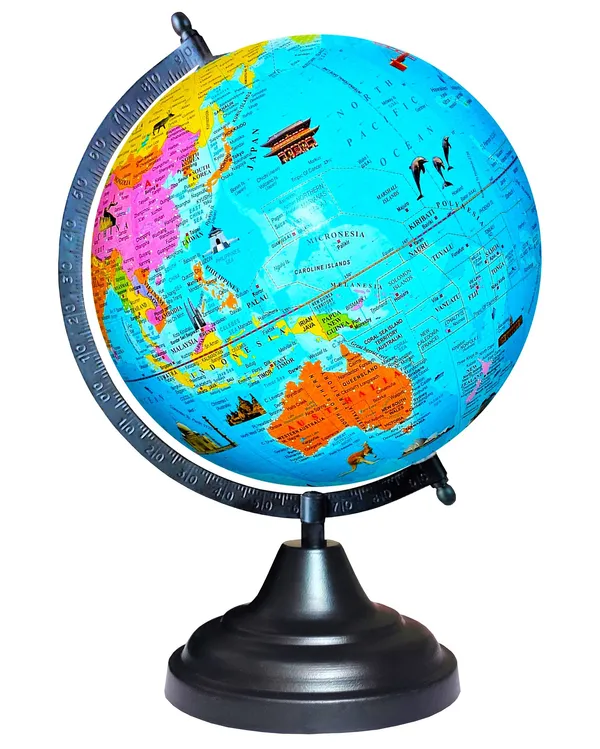 SEE_WORLD_-_Black_Globe,_52_Countries_Trump_Cards,_75_mm_Magnifying_Glass,_India_and_World_Map_Charts_|_12_Inch_Height,_8_Inch_Diameter_(Medium_Size)|_Metallic_Decorative,_Multicolor_Monuments_Map,_Blue_Ocean,_Showpiece_For_Kids_School_College_Home_Offices