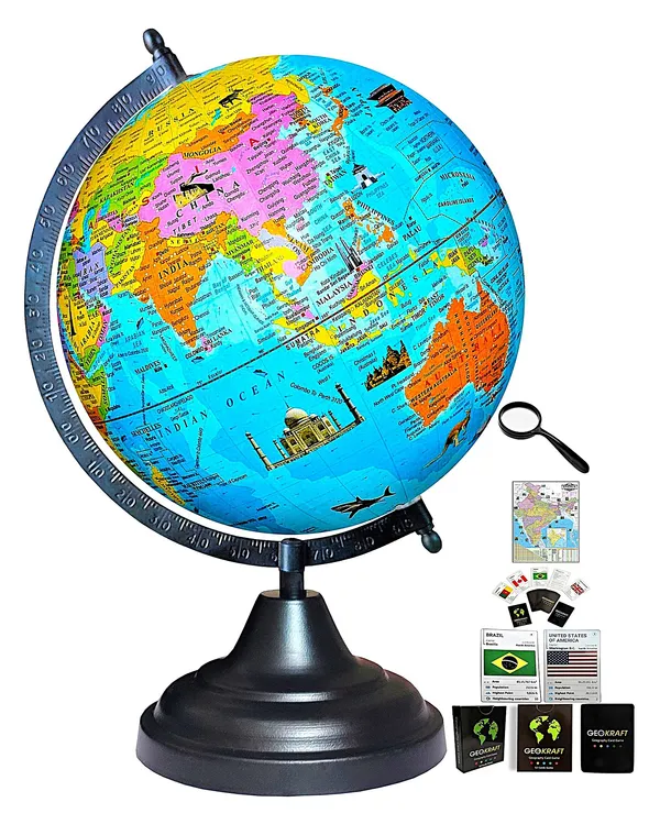 SEE_WORLD_-_Black_Globe,_52_Countries_Trump_Cards,_75_mm_Magnifying_Glass_and_India_Map_Chart_|_12_Inch_Height,_8_Inch_Diameter_(Medium_Size)|_Metallic_Decorative,_Multicolor_Monuments_Map,_Blue_Ocean,_Showpiece_For_Kids_School_College_Home_Offices
