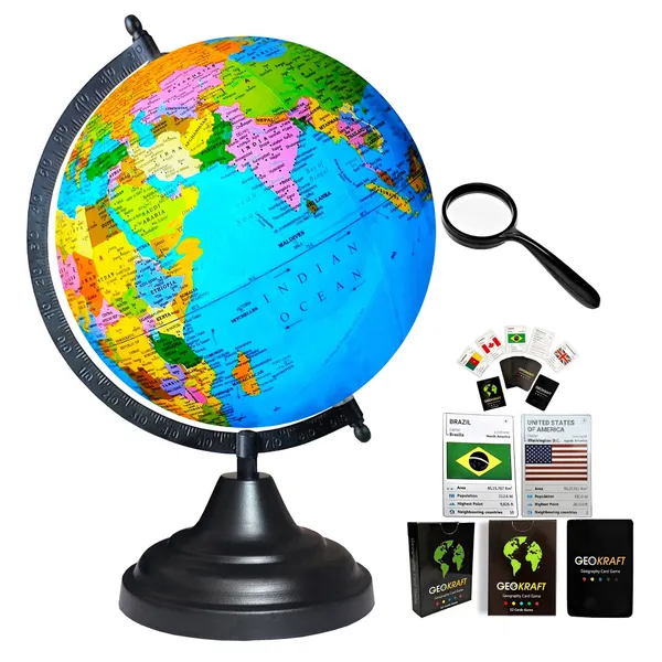 SEE_WORLD_-_Black_Globe,_52_Countries_Trump_Cards_and_50_mm_Magnifying_Glass_|_12_Inch_Height,_8_Inch_Diameter_(Medium_Size)|_Metallic_Decorative,_Multicolor_Map,_Blue_Ocean,_Showpiece_For_Kids_School_College_Home_Offices