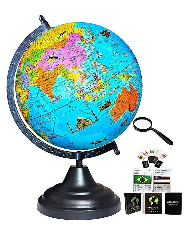 SEE_WORLD_-_Black_Globe,_52_Countries_Trump_Cards_and_75_mm_Magnifying_Glass_|_12_Inch_Height,_8_Inch_Diameter_(Medium_Size)|_Metallic_Decorative,_Multicolor_Monuments_Map,_Blue_Ocean,_Showpiece_For_Kids_School_College_Home_Offices