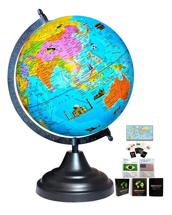 SEE_WORLD_-_Black_Globe,_52_Countries_Trump_Cards_and_World_Map_Chart_|_12_Inch_Height,_8_Inch_Diameter_(Medium_Size)|_Metallic_Decorative,_Multicolor_Monuments_Map,_Blue_Ocean,_Showpiece_For_Kids_School_College_Home_Offices