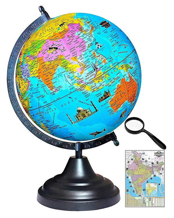 SEE_WORLD_-_Black_Globe,_75_mm_Magnifying_Glass_and_India_Map_Chart_|_12_Inch_Height,_8_Inch_Diameter_(Medium_Size)|_Metallic_Decorative,_Multicolor_Monuments_Map,_Blue_Ocean,_Showpiece_For_Kids_School_College_Home_Offices