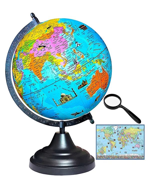 SEE_WORLD_-_Black_Globe,_75_mm_Magnifying_Glass_and_World_Map_Chart_|_12_Inch_Height,_8_Inch_Diameter_(Medium_Size)|_Metallic_Decorative,_Multicolor_Monuments_Map,_Blue_Ocean,_Showpiece_For_Kids_School_College_Home_Offices