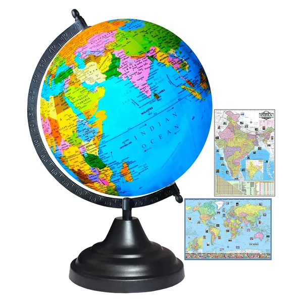 SEE_WORLD_-_Black_Globe,_India_and_World_Map_Charts_|_12_Inch_Height,_8_Inch_Diameter_(Medium_Size)|_Metallic_Decorative,_Multicolor_Map,_Blue_Ocean,_Showpiece_For_Kids_School_College_Home_Offices