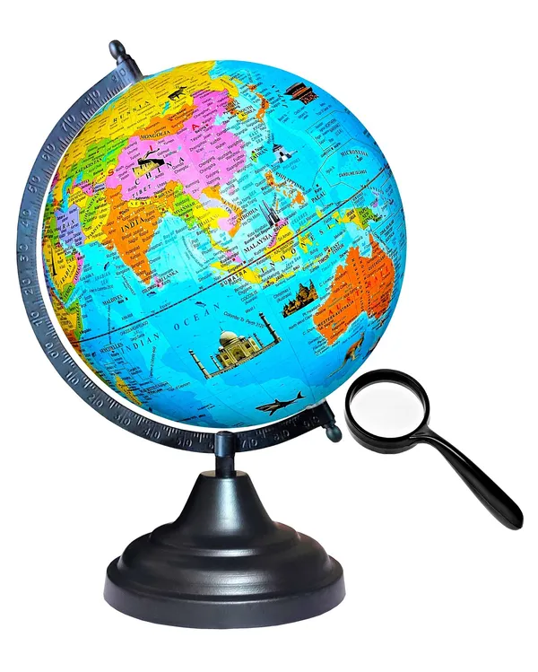 SEE_WORLD_-_Black_Globe_and_50_mm_Magnifying_Glass_|_12_Inch_Height,_8_Inch_Diameter_(Medium_Size)|_Metallic_Decorative,_Multicolor_Monuments_Map,_Blue_Ocean,_Showpiece_For_Kids_School_College_Home_Offices