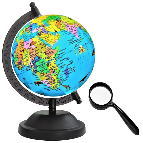 SEE_WORLD_-_Black_Globe_and_50_mm_Magnifying_Glass_|_8_Inch_Height,_5_Inch_Diameter_(Small_Size)|_Metallic_Decorative,_Multicolor_Monuments_Map,_Blue_Ocean,_Showpiece_For_Kids_School_College_Home_Offices