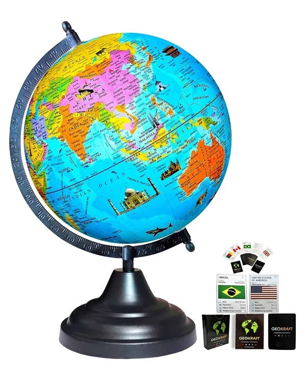 SEE_WORLD_-_Black_Globe_and_52_Countries_Trump_Cards_|_12_Inch_Height,_8_Inch_Diameter_(Medium_Size)|_Metallic_Decorative,_Multicolor_Monuments_Map,_Blue_Ocean,_Showpiece_For_Kids_School_College_Home_Offices