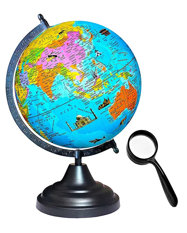 SEE_WORLD_-_Black_Globe_and_75_mm_Magnifying_Glass_|_12_Inch_Height,_8_Inch_Diameter_(Medium_Size)|_Metallic_Decorative,_Multicolor_Monuments_Map,_Blue_Ocean,_Showpiece_For_Kids_School_College_Home_Offices