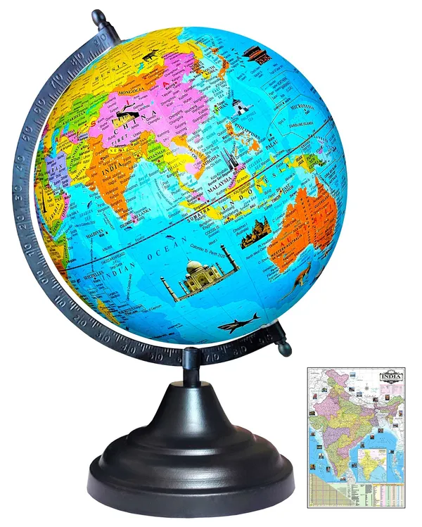 SEE_WORLD_-_Black_Globe_and_India_Map_Chart_|_12_Inch_Height,_8_Inch_Diameter_(Medium_Size)|_Metallic_Decorative,_Multicolor_Monuments_Map,_Blue_Ocean,_Showpiece_For_Kids_School_College_Home_Offices