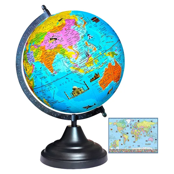 SEE_WORLD_-_Black_Globe_and_World_Map_Chart_|_12_Inch_Height,_8_Inch_Diameter_(Medium_Size)|_Metallic_Decorative,_Multicolor_Monuments_Map,_Blue_Ocean,_Showpiece_For_Kids_School_College_Home_Offices