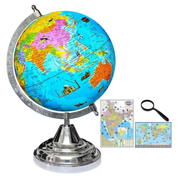 SEE_WORLD_-_Silver_Steel_Chrome_Globe,_50_mm_Magnifying_Glass,_India_and_World_Map_Charts_|_12_Inch_Height,_8_Inch_Diameter_(Medium_Size)|_Metallic_Decorative,_Multicolor_Monuments_Map,_Blue_Ocean,_Showpiece_For_Kids_School_College_Home_Offices