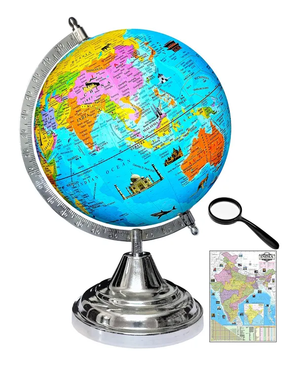 SEE_WORLD_-_Silver_Steel_Chrome_Globe,_50_mm_Magnifying_Glass_and_India_Map_Chart_|_12_Inch_Height,_8_Inch_Diameter_(Medium_Size)|_Metallic_Decorative,_Multicolor_Monuments_Map,_Blue_Ocean,_Showpiece_For_Kids_School_College_Home_Offices