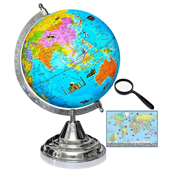 SEE_WORLD_-_Silver_Steel_Chrome_Globe,_50_mm_Magnifying_Glass_and_World_Map_Chart_|_12_Inch_Height,_8_Inch_Diameter_(Medium_Size)|_Metallic_Decorative,_Multicolor_Monuments_Map,_Blue_Ocean,_Showpiece_For_Kids_School_College_Home_Offices