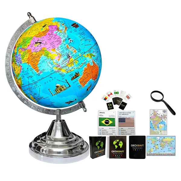 SEE_WORLD_-_Silver_Steel_Chrome_Globe,_52_Countries_Trump_Cards,_50_mm_Magnifying_Glass,_India_and_World_Map_Charts_|_12_Inch_Height,_8_Inch_Diameter_(Medium_Size)|_Metallic_Decorative,_Multicolor_Monuments_Map,_Blue_Ocean,_Showpiece_For_Kids_School_College_Home_Offices