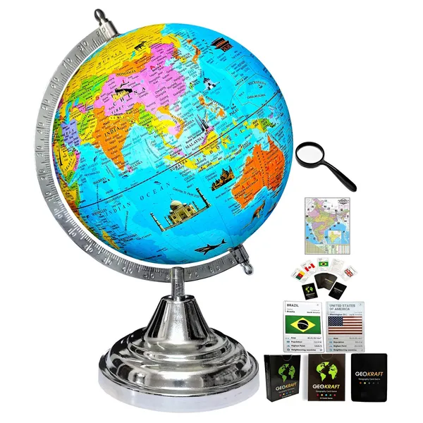 SEE_WORLD_-_Silver_Steel_Chrome_Globe,_52_Countries_Trump_Cards,_50_mm_Magnifying_Glass_and_India_Map_Chart_|_12_Inch_Height,_8_Inch_Diameter_(Medium_Size)|_Metallic_Decorative,_Multicolor_Monuments_Map,_Blue_Ocean,_Showpiece_For_Kids_School_College_Home_Offices
