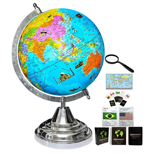 SEE_WORLD_-_Silver_Steel_Chrome_Globe,_52_Countries_Trump_Cards,_50_mm_Magnifying_Glass_and_World_Map_Chart_|_12_Inch_Height,_8_Inch_Diameter_(Medium_Size)|_Metallic_Decorative,_Multicolor_Monuments_Map,_Blue_Ocean,_Showpiece_For_Kids_School_College_Home_Offices