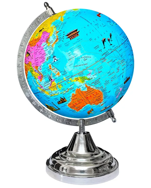 SEE_WORLD_-_Silver_Steel_Chrome_Globe,_52_Countries_Trump_Cards,_75_mm_Magnifying_Glass,_India_and_World_Map_Charts_|_12_Inch_Height,_8_Inch_Diameter_(Medium_Size)|_Metallic_Decorative,_Multicolor_Monuments_Map,_Blue_Ocean,_Showpiece_For_Kids_School_College_Home_Offices