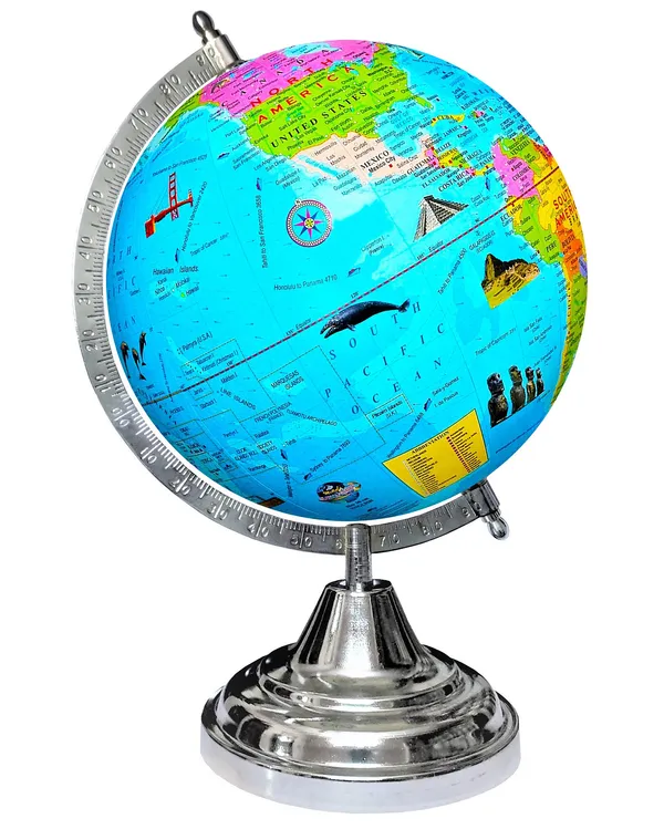 SEE_WORLD_-_Silver_Steel_Chrome_Globe,_52_Countries_Trump_Cards,_75_mm_Magnifying_Glass,_India_and_World_Map_Charts_|_12_Inch_Height,_8_Inch_Diameter_(Medium_Size)|_Metallic_Decorative,_Multicolor_Monuments_Map,_Blue_Ocean,_Showpiece_For_Kids_School_College_Home_Offices