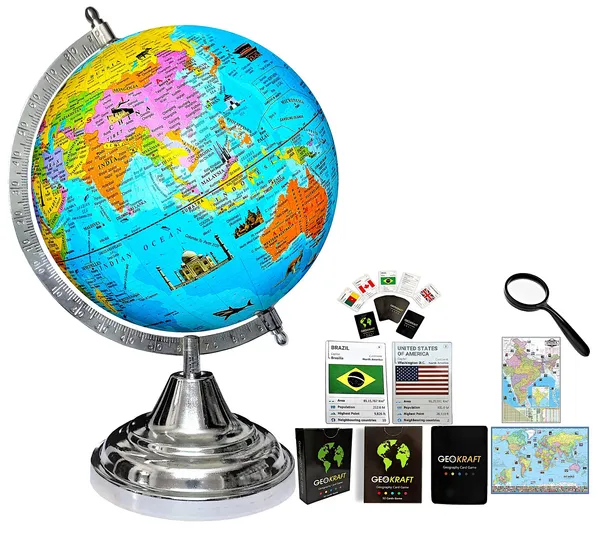 SEE_WORLD_-_Silver_Steel_Chrome_Globe,_52_Countries_Trump_Cards,_75_mm_Magnifying_Glass,_India_and_World_Map_Charts_|_12_Inch_Height,_8_Inch_Diameter_(Medium_Size)|_Metallic_Decorative,_Multicolor_Monuments_Map,_Blue_Ocean,_Showpiece_For_Kids_School_College_Home_Offices