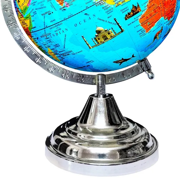 SEE_WORLD_-_Silver_Steel_Chrome_Globe,_52_Countries_Trump_Cards,_75_mm_Magnifying_Glass,_India_and_World_Map_Charts_|_12_Inch_Height,_8_Inch_Diameter_(Medium_Size)|_Metallic_Decorative,_Multicolor_Monuments_Map,_Blue_Ocean,_Showpiece_For_Kids_School_College_Home_Offices