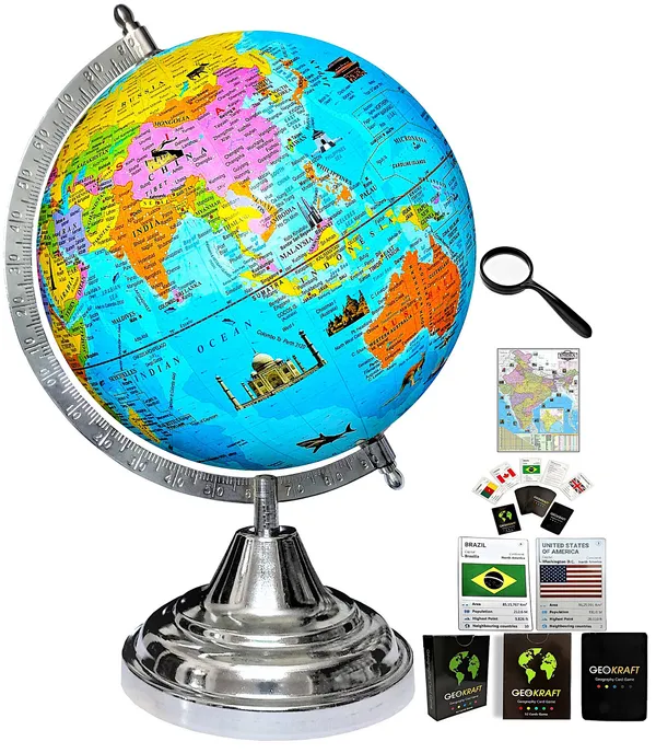SEE_WORLD_-_Silver_Steel_Chrome_Globe,_52_Countries_Trump_Cards,_75_mm_Magnifying_Glass_and_India_Map_Chart_|_12_Inch_Height,_8_Inch_Diameter_(Medium_Size)|_Metallic_Decorative,_Multicolor_Monuments_Map,_Blue_Ocean,_Showpiece_For_Kids_School_College_Home_Offices