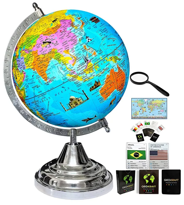 SEE_WORLD_-_Silver_Steel_Chrome_Globe,_52_Countries_Trump_Cards,_75_mm_Magnifying_Glass_and_World_Map_Chart_|_12_Inch_Height,_8_Inch_Diameter_(Medium_Size)|_Metallic_Decorative,_Multicolor_Monuments_Map,_Blue_Ocean,_Showpiece_For_Kids_School_College_Home_Offices