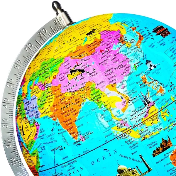 SEE_WORLD_-_Silver_Steel_Chrome_Globe,_52_Countries_Trump_Cards,_75_mm_Magnifying_Glass_and_World_Map_Chart_|_12_Inch_Height,_8_Inch_Diameter_(Medium_Size)|_Metallic_Decorative,_Multicolor_Monuments_Map,_Blue_Ocean,_Showpiece_For_Kids_School_College_Home_Offices