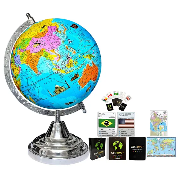 SEE_WORLD_-_Silver_Steel_Chrome_Globe,_52_Countries_Trump_Cards,_India_and_World_Map_Charts_|_12_Inch_Height,_8_Inch_Diameter_(Medium_Size)|_Metallic_Decorative,_Multicolor_Monuments_Map,_Blue_Ocean,_Showpiece_For_Kids_School_College_Home_Offices