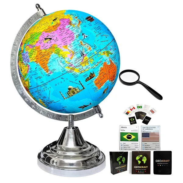 SEE_WORLD_-_Silver_Steel_Chrome_Globe,_52_Countries_Trump_Cards_and_50_mm_Magnifying_Glass_|_12_Inch_Height,_8_Inch_Diameter_(Medium_Size)|_Metallic_Decorative,_Multicolor_Monuments_Map,_Blue_Ocean,_Showpiece_For_Kids_School_College_Home_Offices