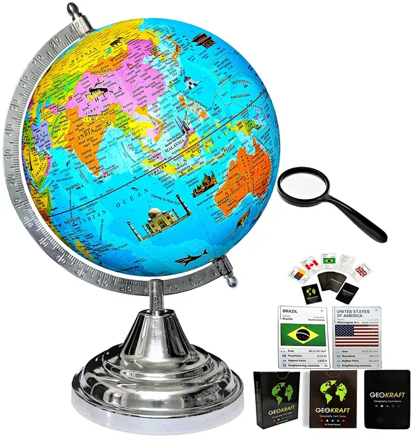 SEE_WORLD_-_Silver_Steel_Chrome_Globe,_52_Countries_Trump_Cards_and_75_mm_Magnifying_Glass_|_12_Inch_Height,_8_Inch_Diameter_(Medium_Size)|_Metallic_Decorative,_Multicolor_Monuments_Map,_Blue_Ocean,_Showpiece_For_Kids_School_College_Home_Offices