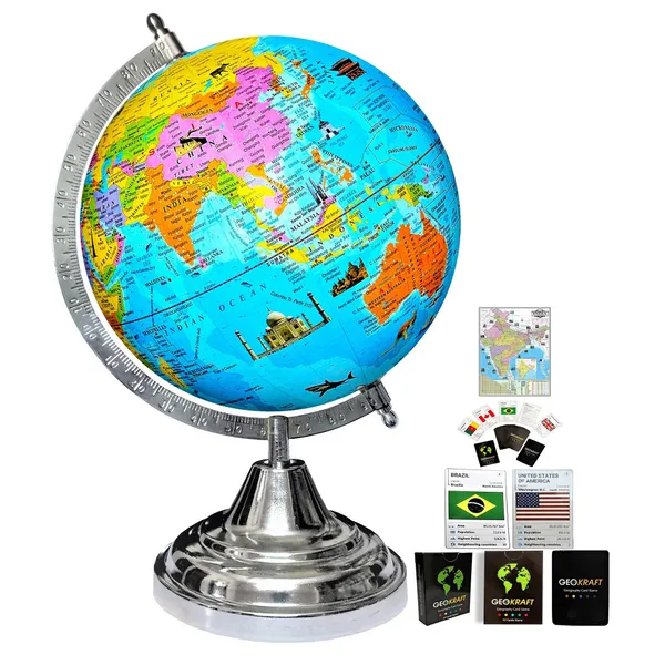 SEE_WORLD_-_Silver_Steel_Chrome_Globe,_52_Countries_Trump_Cards_and_India_Map_Chart_|_12_Inch_Height,_8_Inch_Diameter_(Medium_Size)|_Metallic_Decorative,_Multicolor_Monuments_Map,_Blue_Ocean,_Showpiece_For_Kids_School_College_Home_Offices