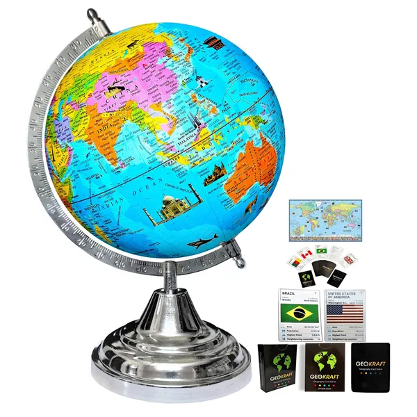 SEE_WORLD_-_Silver_Steel_Chrome_Globe,_52_Countries_Trump_Cards_and_World_Map_Chart_|_12_Inch_Height,_8_Inch_Diameter_(Medium_Size)|_Metallic_Decorative,_Multicolor_Monuments_Map,_Blue_Ocean,_Showpiece_For_Kids_School_College_Home_Offices