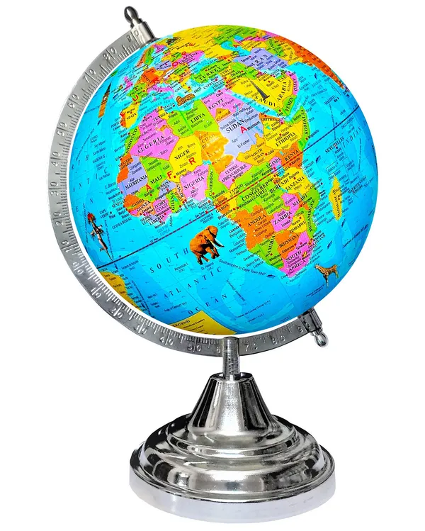 SEE_WORLD_-_Silver_Steel_Chrome_Globe,_52_Countries_Trump_Cards_and_World_Map_Chart_|_12_Inch_Height,_8_Inch_Diameter_(Medium_Size)|_Metallic_Decorative,_Multicolor_Monuments_Map,_Blue_Ocean,_Showpiece_For_Kids_School_College_Home_Offices