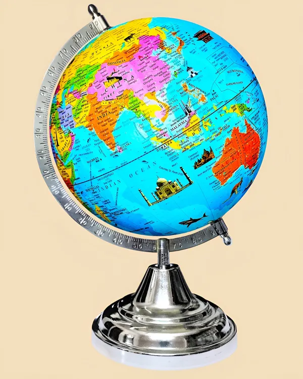 SEE_WORLD_-_Silver_Steel_Chrome_Globe,_75_mm_Magnifying_Glass,_India_and_World_Map_Charts_|_12_Inch_Height,_8_Inch_Diameter_(Medium_Size)|_Metallic_Decorative,_Multicolor_Monuments_Map,_Blue_Ocean,_Showpiece_For_Kids_School_College_Home_Offices