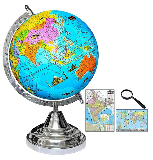 SEE_WORLD_-_Silver_Steel_Chrome_Globe,_75_mm_Magnifying_Glass,_India_and_World_Map_Charts_|_12_Inch_Height,_8_Inch_Diameter_(Medium_Size)|_Metallic_Decorative,_Multicolor_Monuments_Map,_Blue_Ocean,_Showpiece_For_Kids_School_College_Home_Offices