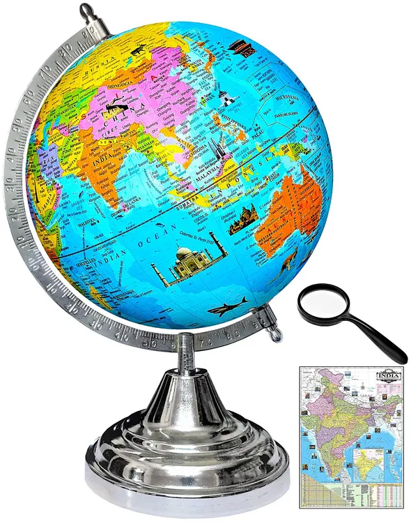 SEE_WORLD_-_Silver_Steel_Chrome_Globe,_75_mm_Magnifying_Glass_and_India_Map_Chart_|_12_Inch_Height,_8_Inch_Diameter_(Medium_Size)|_Metallic_Decorative,_Multicolor_Monuments_Map,_Blue_Ocean,_Showpiece_For_Kids_School_College_Home_Offices