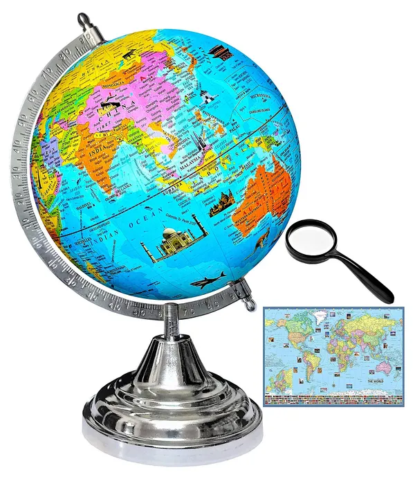 SEE_WORLD_-_Silver_Steel_Chrome_Globe,_75_mm_Magnifying_Glass_and_World_Map_Chart_|_12_Inch_Height,_8_Inch_Diameter_(Medium_Size)|_Metallic_Decorative,_Multicolor_Monuments_Map,_Blue_Ocean,_Showpiece_For_Kids_School_College_Home_Offices