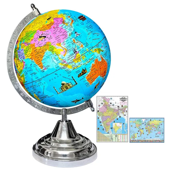 SEE_WORLD_-_Silver_Steel_Chrome_Globe,_India_and_World_Map_Charts_|_12_Inch_Height,_8_Inch_Diameter_(Medium_Size)|_Metallic_Decorative,_Multicolor_Monuments_Map,_Blue_Ocean,_Showpiece_For_Kids_School_College_Home_Offices