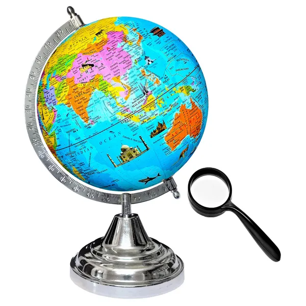 SEE_WORLD_-_Silver_Steel_Chrome_Globe_and_50_mm_Magnifying_Glass_|_12_Inch_Height,_8_Inch_Diameter_(Medium_Size)|_Metallic_Decorative,_Multicolor_Monuments_Map,_Blue_Ocean,_Showpiece_For_Kids_School_College_Home_Offices