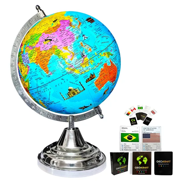 SEE_WORLD_-_Silver_Steel_Chrome_Globe_and_52_Countries_Trump_Cards_|_12_Inch_Height,_8_Inch_Diameter_(Medium_Size)|_Metallic_Decorative,_Multicolor_Monuments_Map,_Blue_Ocean,_Showpiece_For_Kids_School_College_Home_Offices