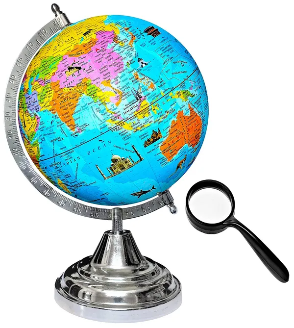 SEE_WORLD_-_Silver_Steel_Chrome_Globe_and_75_mm_Magnifying_Glass_|_12_Inch_Height,_8_Inch_Diameter_(Medium_Size)|_Metallic_Decorative,_Multicolor_Monuments_Map,_Blue_Ocean,_Showpiece_For_Kids_School_College_Home_Offices
