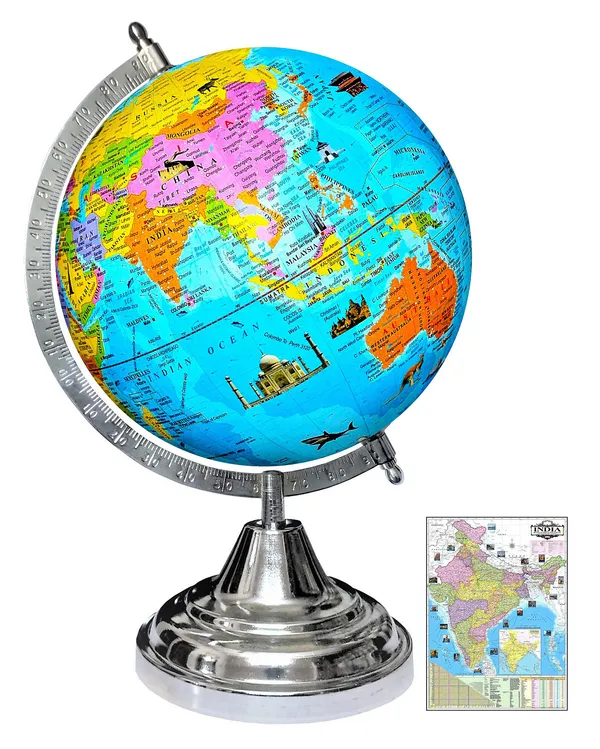 SEE_WORLD_-_Silver_Steel_Chrome_Globe_and_India_Map_Chart_|_12_Inch_Height,_8_Inch_Diameter_(Medium_Size)|_Metallic_Decorative,_Multicolor_Monuments_Map,_Blue_Ocean,_Showpiece_For_Kids_School_College_Home_Offices
