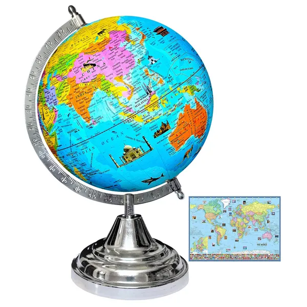SEE_WORLD_-_Silver_Steel_Chrome_Globe_and_World_Map_Chart_|_12_Inch_Height,_8_Inch_Diameter_(Medium_Size)|_Metallic_Decorative,_Multicolor_Monuments_Map,_Blue_Ocean,_Showpiece_For_Kids_School_College_Home_Offices
