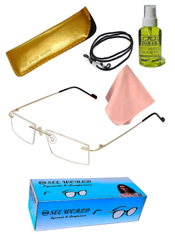 See_World_-_GOLDEN_Rimless_Thin_Metal_Frame_Reading_Eyeglasses_With_Soft_Cover,_Lens_Cleaning_Spray,_Cleaning_Cloth_&_Hanging_Dori